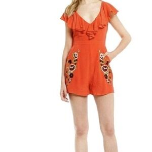 Chelsea & Violet Coral Embroidered Shorts Romper  Small Bohomein Pockets